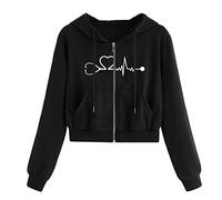 Generisch Sudadera mujer pareja con cremallera manga sudadera con capucha latido corazón largo towns camisa vaquera mujer negro, Negro , L