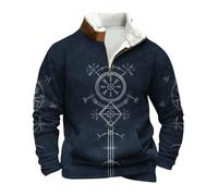 Generisch Sudadera para hombre de media cremallera para exterior, sudadera con capucha de tatuajes vikingos de mitología nórdica, suéter cálido y suave de trabajo sin capucha, sudadera gótica medieval