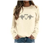 Generisch Sudadera para mujer con diseño de latidos de corazón, camiseta de manga larga con línea ECG y corazón, suéter informal para el día a día, Style_z01 Beige, L