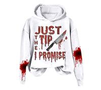 Generisch Sudadera para mujer con texto "Just The Tip I Promise" con estampado sangriento de Halloween, Blanco, S