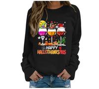Generisch Sudadera para mujer "Happy Hallothanksmas" con estampado de vino, talla grande, cuello redondo, manga larga, Negro , XXL