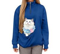 Generisch Sudadera sin capucha con cremallera de cuartos, bolsillo y soga para gatos, cómodo y suave, jersey de forro polar informal, parte superior, azul, 3XL