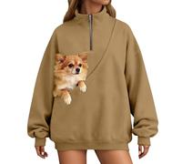 Generisch Sudadera sin capucha con cremallera de cuartos, bolsillo y soga para gatos, cómodo y suave, jersey de forro polar informal, parte superior, café, 3XL