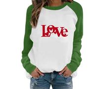 Generisch Sudadera sin capucha para mujer con estampado casual de carta de amor de San Valentín cuello redondo, verde, S
