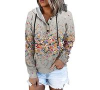 Generisch Sudaderas con capucha para mujer, informal, de manga larga, con botones, cordón, jersey superior, blusa ligera con bolsillo, blusa con cuello para mujer sexy, gris, XL