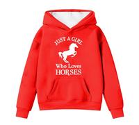 Generisch Sudaderas con capucha y sudaderas para niña de invierno cálido suéter de forro polar con bolsillo lindo estampado de caballos casual sudadera con capucha de manga larga para, rojo, 8-9 años