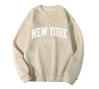 Generisch Sudaderas para hombre Jersey New York Estampado Jersey Cuello Redondo Sudadera Invierno Suéter Holgado Top Deporte Ropa de Calle Adolescente Blusa Tops Letter Graphic Print, beige, M