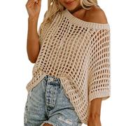 Generisch Suéter de verano para mujer, cuello redondo, manga corta, informal, de punto de ganchillo, para playa, blusa con mangas de murciélago, beige, S