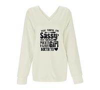 Generisch Suéter informal de color liso para mujer, cuello en V, estampado de letras, elegante camiseta pequeña para mujer, beige, L