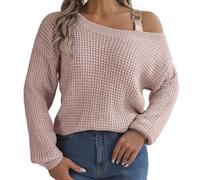 Generisch Suéter para mujer básico de punto sin hombros, suéter informal de invierno, jersey de gran tamaño, corte ajustado, camiseta de manga larga, sexy, informal, parte superior, Rosa., S