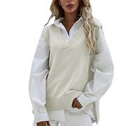 Generisch Suéter para mujer negro con cuello en V - suéter para mujer, elegante, tallas grandes, sin mangas, chaleco de punto informal, para otoño e invierno, suelto, vintage, monocolor, cómodo, beige