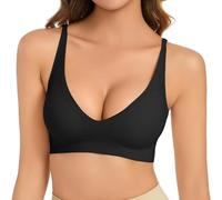 Generisch Sujetador sin aros para mujer, cuello en V, cómodo, sujetador suave, push-up, sujetador sin costuras, pechos ligeramente acolchados para una sensación cómoda, bralette para mujer, Negro , L