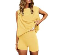 Generisch Summer sports fashion loose sleeveless T-shirt high waist shorts women's suit, Amarillo Claro, M