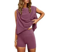 Generisch Summer sports fashion loose sleeveless T-shirt high waist shorts women's suit, morado/rojo, M