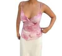 Generisch Summer Tops Aesthetic Sexy Spaghetti Cami Tank Top Vintage Sin Mangas Tirantes de Espagueti Top Verano Slim Fit Elegante Estampado Floral Tops Y2k Bonita Camisola Descubierta Traje, Rosa., L