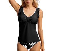 Generisch Tankini de dos piezas para mujer con parte superior de bikini impresa, parte inferior de pantalón corto, ideal para resort de playa, moldea la figura y cómodo., Negro , S