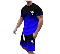 Generisch Tech Fleece Hombre Negro Verano 2024 Talla Grande Manga Corta Cuello Redondo Deportivo Casual Bloque de Color Bloque Cintura Cordón Conjunto de Chándal Pusher Hombre, azul, XXL