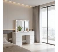 Generisch Tocador blanco con espejo LED regulable y enchufes integrados, 7 cajones de madera E1, mesa de maquillaje, dimensiones 110 x 39,5 x 140,5 cm