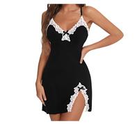Generisch, Tong Mujer Lencería Encaje Tirante Camisón Cuello en V Sin Mangas Pijama 2025 Mujer, Negro , XL