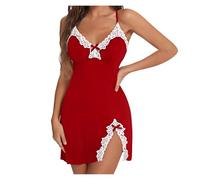 Generisch, Tong Mujer Lencería Encaje Tirante Camisón Cuello en V Sin Mangas Pijama 2025 Mujer, rojo, M