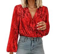 Generisch Top brillante para mujer, brillante, manga larga, cuello en V, camiseta de manga larga, informal, festiva, clásica, blusa para mujer, cóctel, brillante, fiesta, tallas grandes, blusas