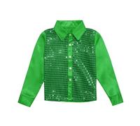 Generisch Top de baile de lentejuelas brillantes para camiseta de manga larga con botones Jazz Performance, verde, 7-8 años