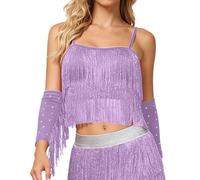 Generisch Top de baile latino con flecos, sin mangas, para danza del vientre, ropa de ejercicio, morado, XL