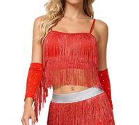 Generisch Top de baile latino con flecos, sin mangas, para danza del vientre, ropa de ejercicio, rojo, M