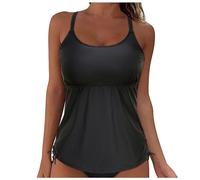 Generisch Top de bikini con cordones para mujer, con aros, cobertura completa, push-up, parte superior sin vientre, con lazo en la parte trasera, parte superior del traje de baño, Negro , XXL
