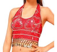 Generisch Top de encaje para mujer, con lentejuelas, para danza del vientre, camiseta de tirantes con cuello alto, rojo, Talla única