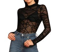 Generisch top de impresión de moda largo casual o-cuello mangas malla mujeres de malla sexo blusa, Negro , S