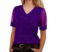 Generisch Top de lentejuelas para mujer, manga corta, cuello en V, blusa de Nochevieja, traje para fiesta, festival, club, graduación, malla, camiseta de manga corta, camiseta de verano, morado, L