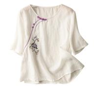 Generisch Top de lino literario suelto bordado de manga corta para mujer estilo mezcla de algodón sostenible, Blanco, L