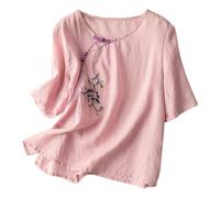 Generisch Top de lino literario suelto bordado de manga corta para mujer estilo mezcla de algodón sostenible, Rosa., 4XL