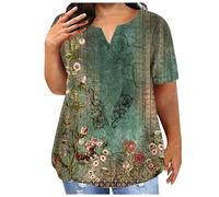 Generisch Top de mujer con estampado floral casual, talla grande, cuello en V, bolsillo, manga corta, suelta, jersey de mujer, verde, 5XL