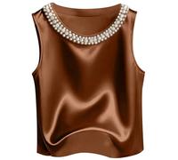 Generisch Top de satén para mujer, elegante, de seda, cuello redondo, con perlas, camiseta básica, sin mangas, blusa de satén, camisola de un solo color, marrón, XXL