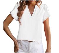 Generisch Top de seda con cuello en V y manga de pétalos de encaje para mujer, Blanco, XL