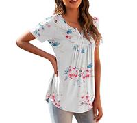 Generisch Top de túnica para mujer, talla grande, manga corta, informal, camisa floral, talla M, 4XL, con top, Blanco, L