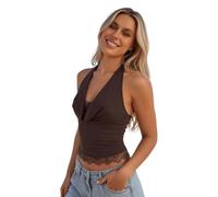 Generisch Top de verano para mujer con cuello en V y ribete de encaje, sin espalda y ajustado, para festivales o fiestas, Style_j03 Marrón, M