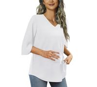 Generisch Top de verano para mujer, cuello en V, manga 3/4, corte holgado, túnica para leggings, blusa, mangas trompeta, para mujer, Blanco, L