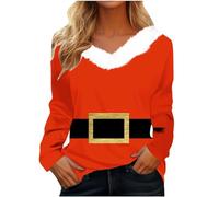 Generisch Tops de manga larga para mujer, elegantes, informales, estampados, felpa, cuello en V, camisas delicadas, blusa de moda otoñal, rojo, XXL