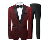 Generisch Traje casual para hombre de tres piezas con lentejuelas, un botón, traje delgado brillante, chaqueta, traje clásico de ajuste regular, rojo, XXL/欧码S