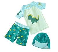 Generisch Traje de baño de dibujos animados de dinosaurios para niños pequeños con camisa pantalones cortos sombrero para el sol, verde, 5-6 años