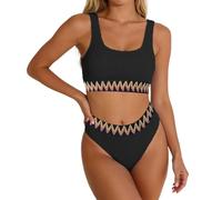 Generisch Traje de baño de dos piezas con parte superior floral tankini de corte alto, Negro4., S