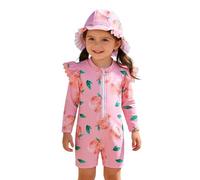 Generisch Traje de baño de manga larga y gorro de baño para bebé con estampado de hojas de melocotón, color arena, cálido, para piscina y playa., Rosa intenso., 18-24 meses