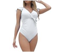 Generisch Traje de baño de mujer con mangas de pétalos atada en la parte delantera, elegante bikini monokini para la playa, Blanco, XXL