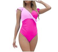 Generisch Traje de baño de mujer con mangas de pétalos atada en la parte delantera, elegante bikini monokini para la playa, Rosa intenso., L