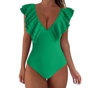 Generisch Traje de baño de surf para mujer, con volantes, 1 pieza, cuello en V, push-up, tank-,Badeanzüge, verde, S