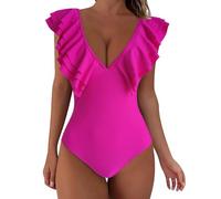 Generisch Traje de baño de surf para mujer, con volantes, 1 pieza, cuello en V, push-up, tank-,Badeanzüge, Rosa intenso., S