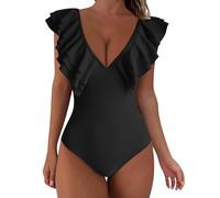Generisch Traje de baño de surf para mujer, con volantes, 1 pieza, cuello en V, push-up, tank-,Badeanzüge, Negro , S